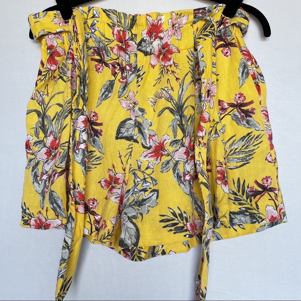 Zara Basic Yellow Floral High Waist Paperbag Style Linen Shorts Women’s Size L - Picture 6 of 13